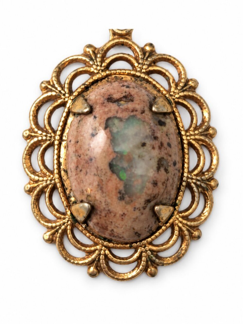 Vintage Filagree Cabochon Jasper Stone ? Pendant Gold Tone Gemstone Tan 1.25"